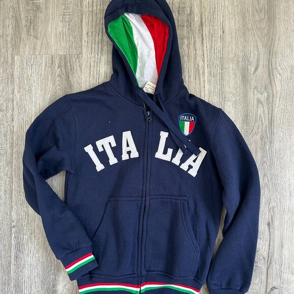 Vintage Mens Navy Blue Italia Full Zip Hooded Italy Flag Crest Sweatshirt 11/12 - Picture 2 of 10